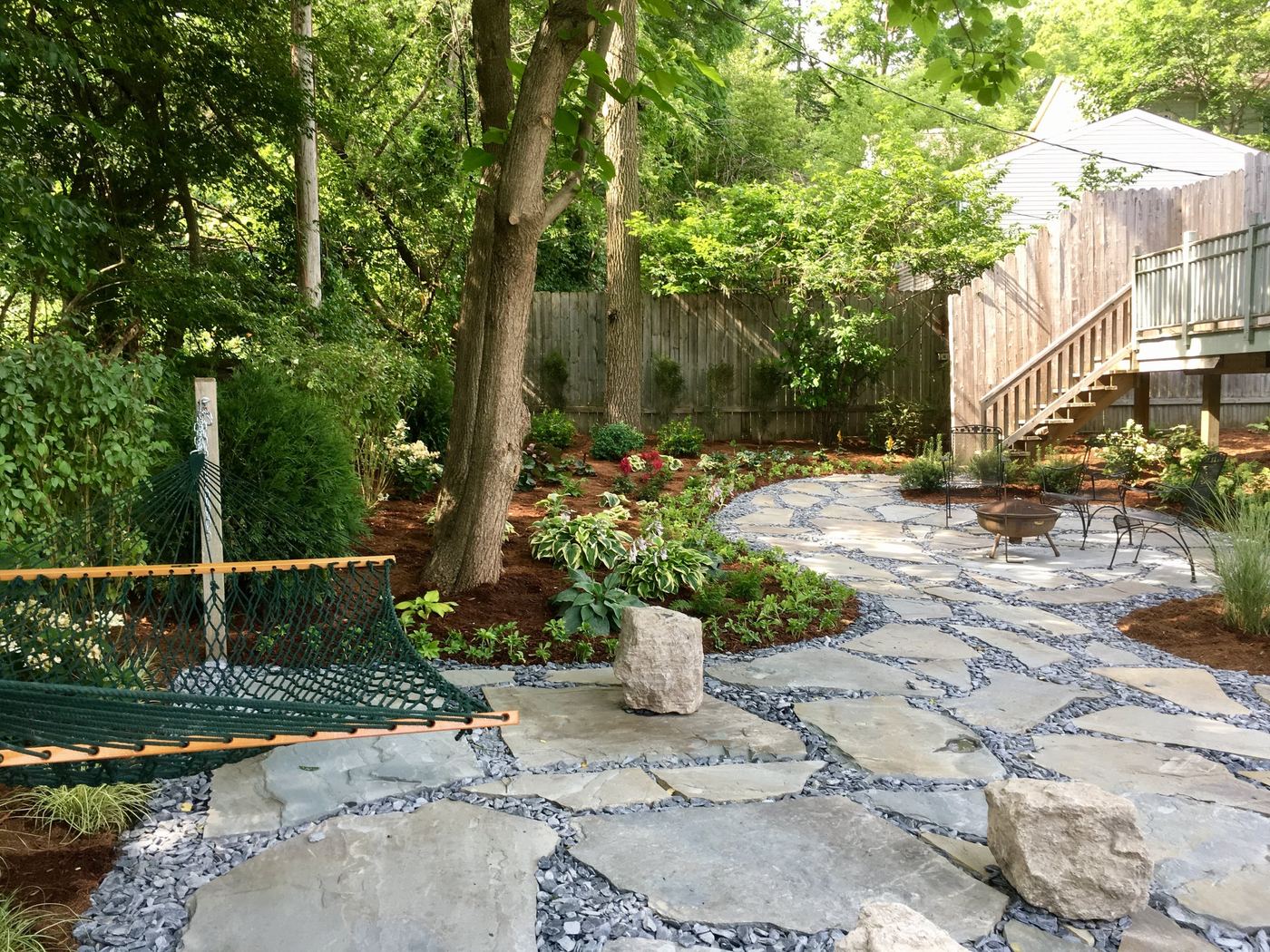 Meditation garden patio and hammock, wide view