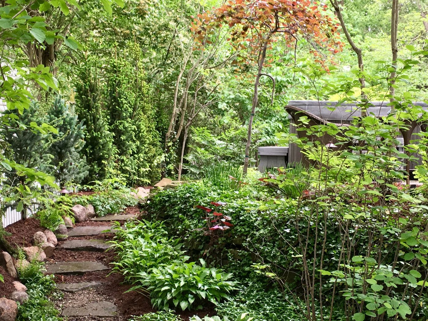 Woodland garden path leading to a screened hot tub enclosure