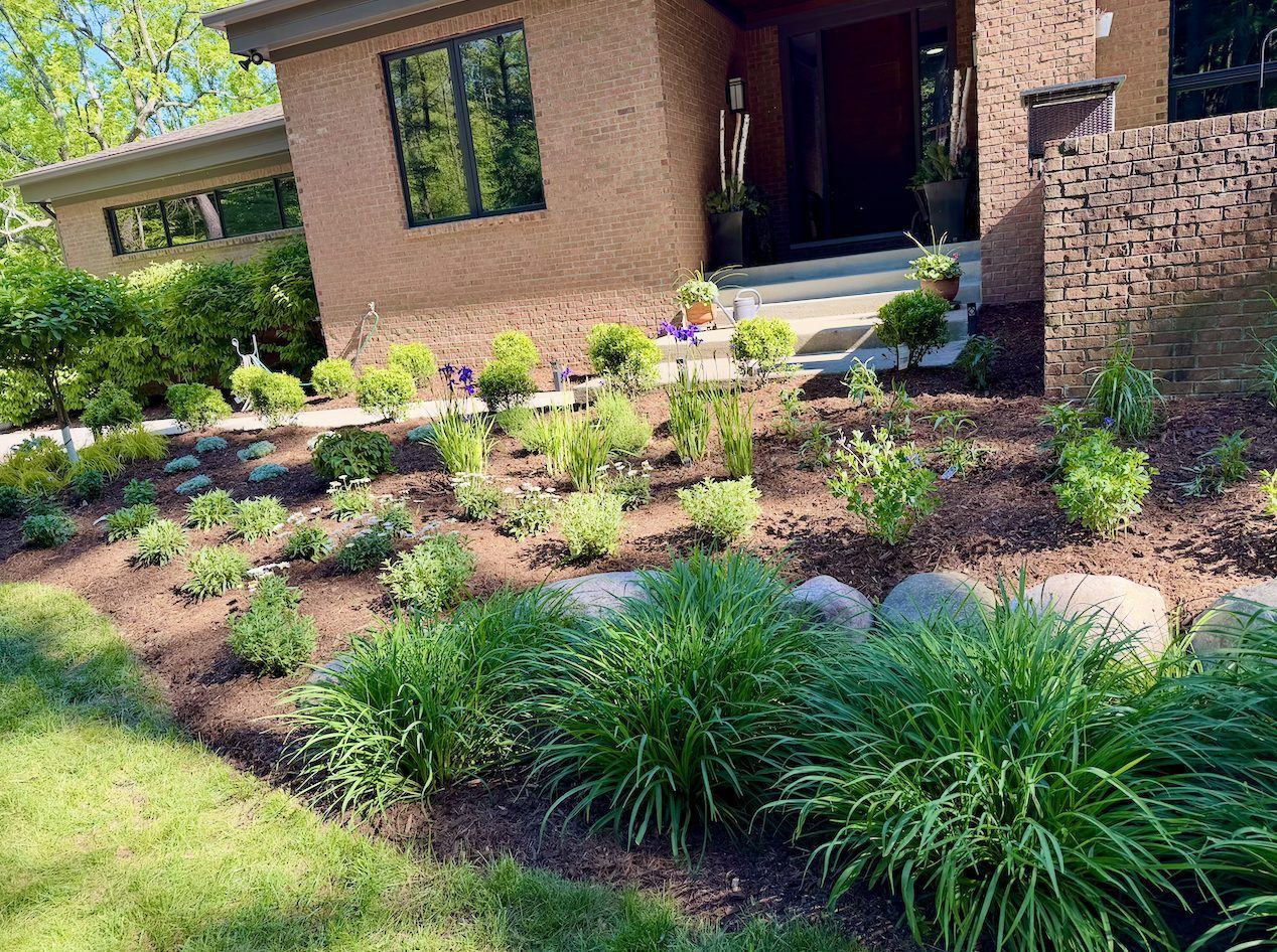 Entry walk planting beds with irises, daylilies, and boulder accents