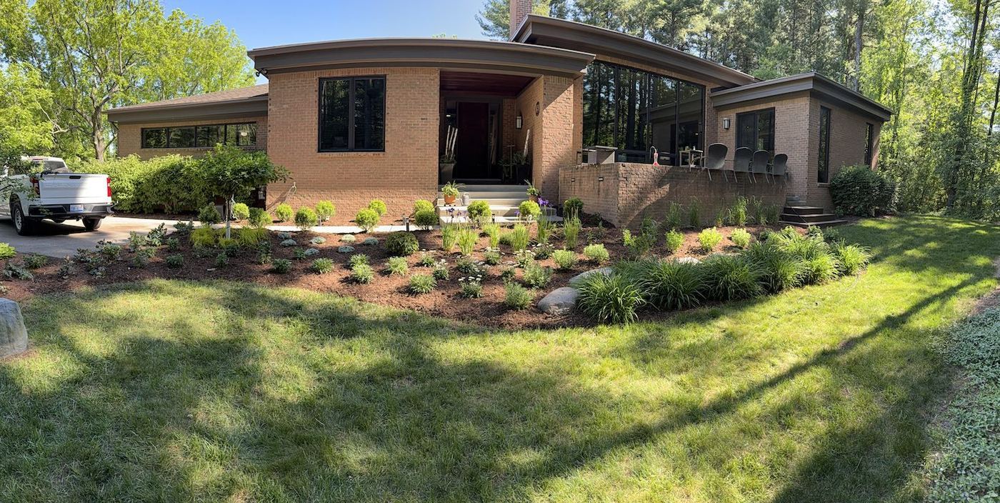 New front-yard planting beds wrapping a mid-century modern home